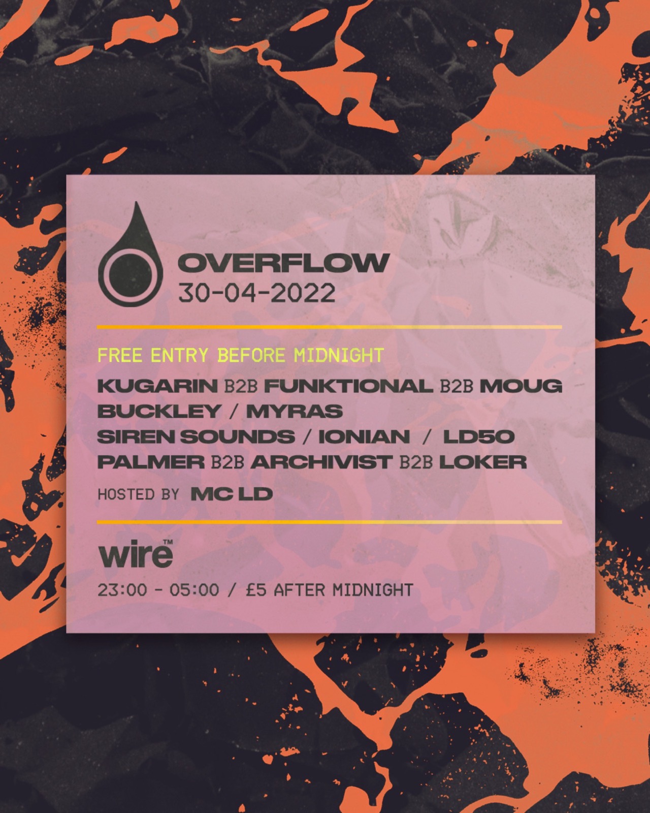 Overflow free party at Wire event flyer